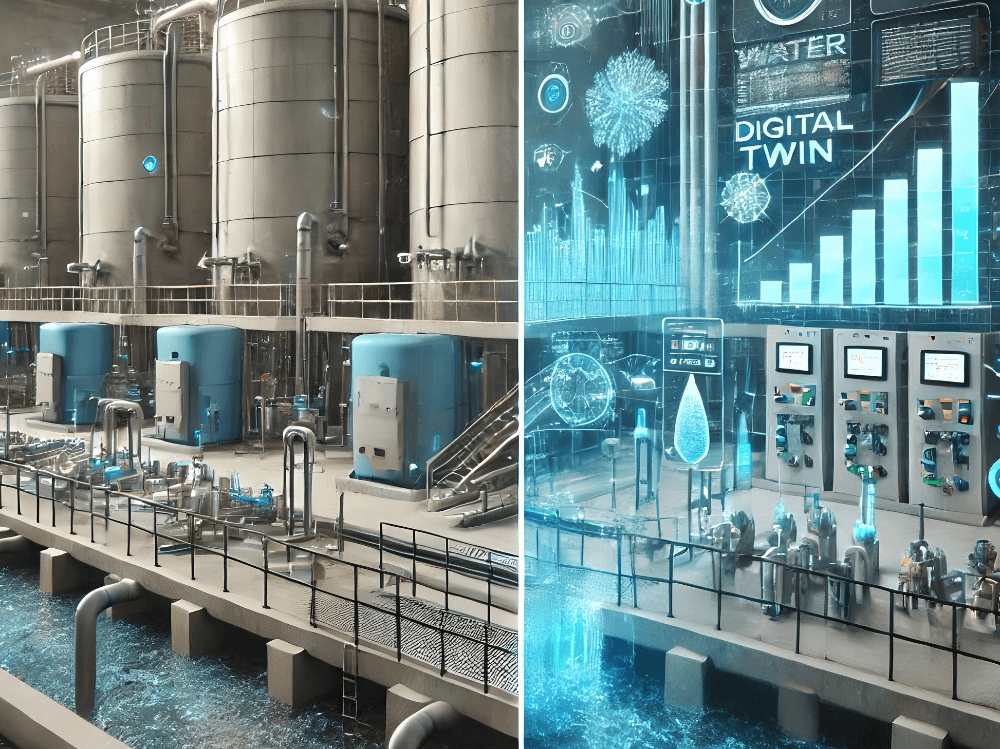 Digital twin concept illustration showing virtual replica of physical water treatment system