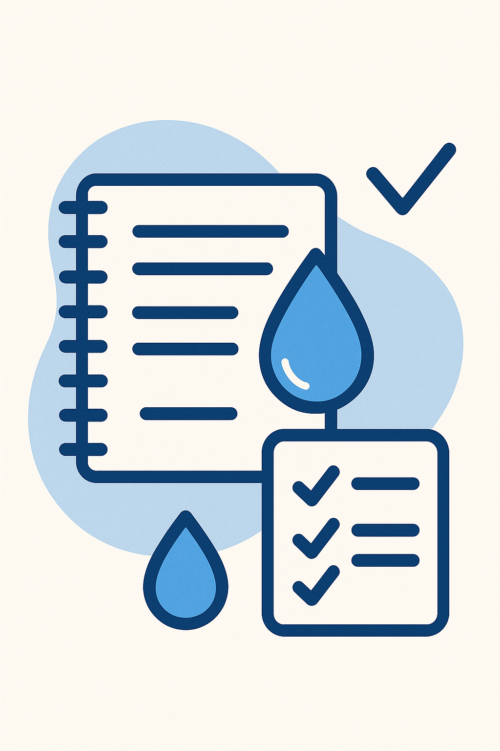 Abstract illustration of exam preparation for water treatment certification, showing a notebook, water droplet and checkmarks